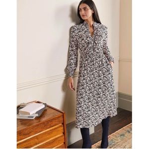 Boden Ruffle Front Midi Dress Black Elegant Bloom Pink Floral Long Sleeve 12